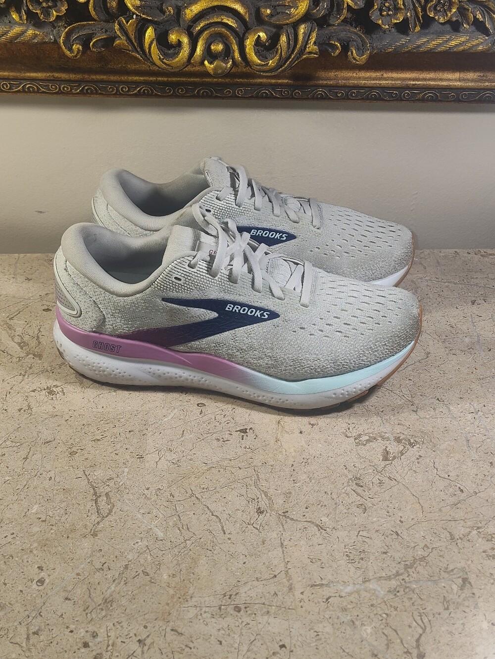 Brooks Ghost 16 Women's Running Sneakers - Gray with Navy and Pink Highlights